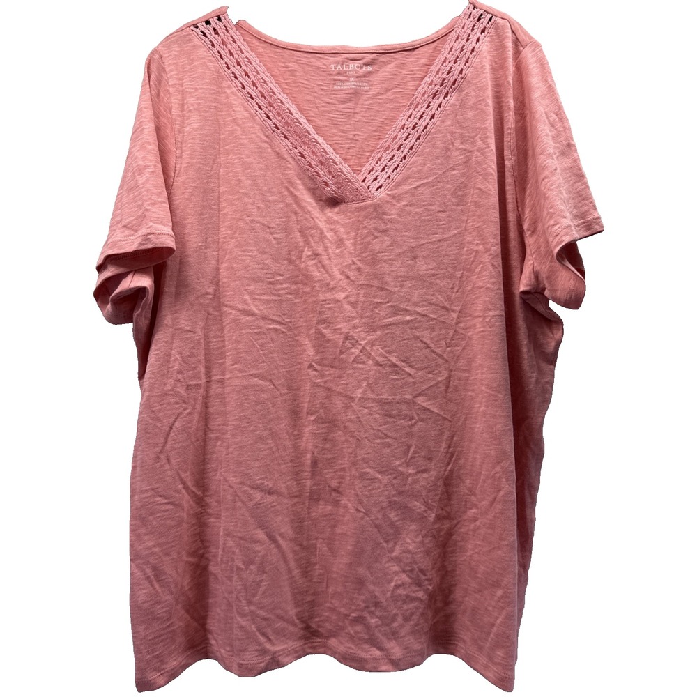 Talbots Womens Top Sz 1X Solid Pink Embroidered V Neck Tee Slubbed 100% Cotton